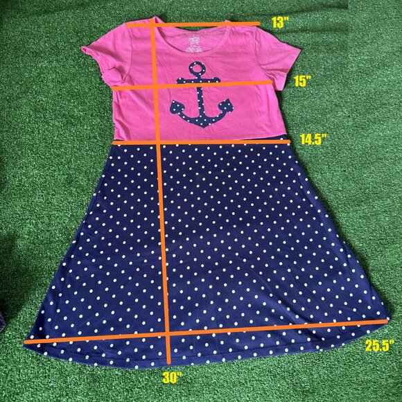 Faded Glory Crew Neck Anchor Nautical Polka Dot Pink & Navy T-shirt Dress Size L - Picture 2 of 11